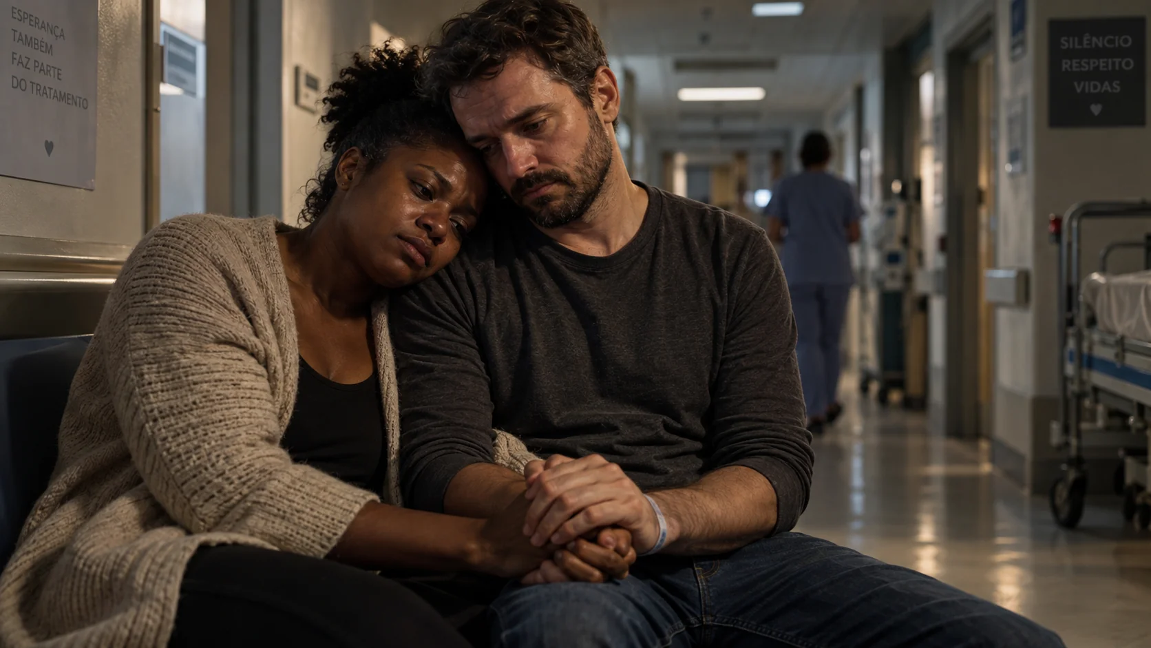 Mãe e pai sentados em corredor hospitalar, de mãos dadas, demonstrando cansaço e apoio emocional.